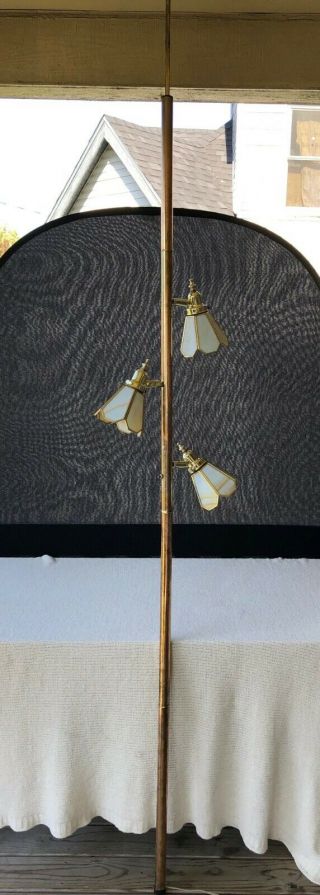 Vintage Tension Pole Floor Lamp Mid Century Brass Tiffany Style Shades Retro