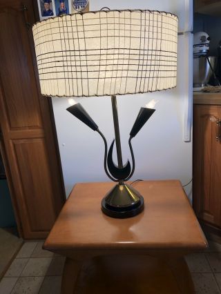 Rare Vintage 50s Majestic Lamp Fiberglass Shade Mid Century Modern Brass Wood