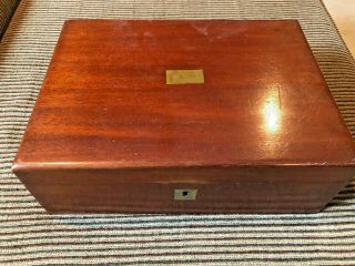 Antique Mahogany Travel Lap Desk Writing Box W/ Ink Wells,  Compartments,  Velvet