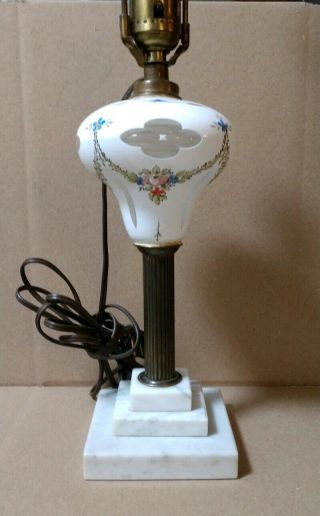 1860 - 1870 Boston Sandwich Glass White Cut To Clear Hand Painted Oil Lamp