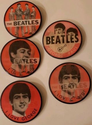 Beatle Vari - Vue Vintage Pinbacks.  Paul,  2 George,  Ringo,  And The Group