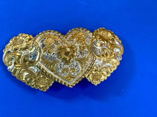 Three Hearts - Jeweler Bronze And Silver Plate Western Belt Buckle By Crumrine