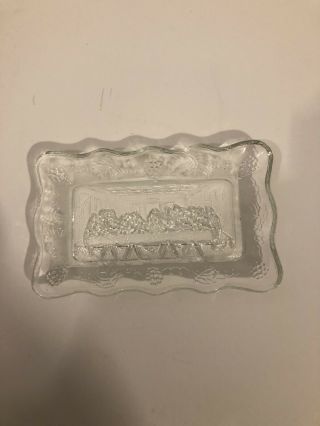Glass Jesus Last Supper Butter Dish Collectible Vintage Christian Religious