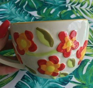 14oz Starbucks White Ceramic Coffee Mug Cup Hand Painted Red Flowers Floral 2008