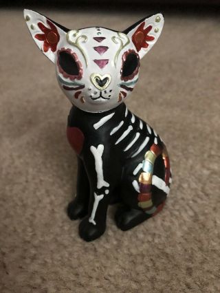 Hand Painted Dia De Los Muertos Sugar Skull Cat Figurine