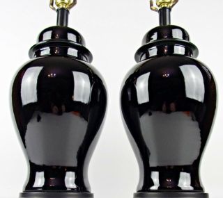 Mid Century Modern Black Glaze Ceramic Table Lamp Pair Ginger Jar Shape