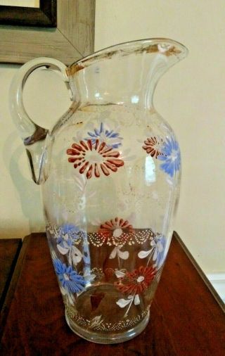 Victorian Glass Pitcher Hand Painted Red & Blue Flowers Hand Blown