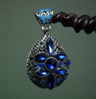 China Old Inlay Sapphire Cloisonne Tibetan Silver Pendant A02