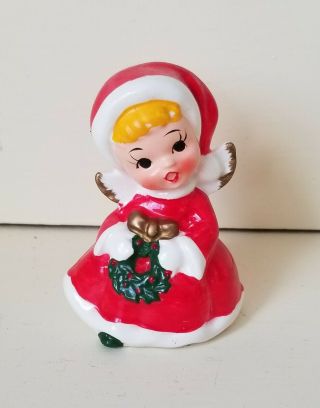 3 " Vintage Christmas Angel Girl Ceramic Figurine With Wreath Red Dress Santa Hat
