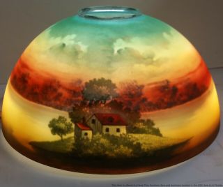 Orig Antique Reverse Painted Sunset Landscape Art Glass Lamp Shade