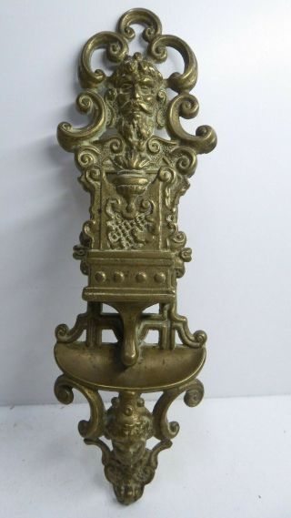 Antique Ornate Brass Wall Mounted Match Box Holder Cast Faces Victorian