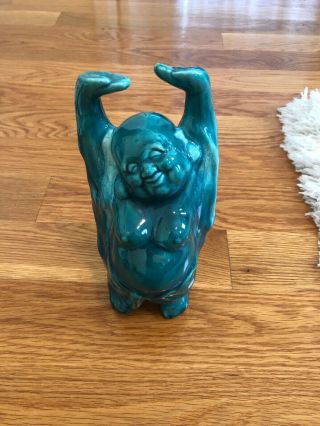 Vintage Ceramic Buddha Statue/figurine 9” Tall Arms Up Happy Green