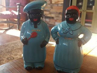Americana 5 " To7 " Aunt Jemima & Uncle Moses Turquoise Salt And Pepper Shakers