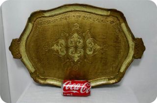 Vintage Italian Florentine Beige & Gold Gilt Tole Toleware Wood Large Tray