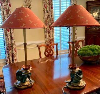 Frederick Cooper Paradise Frog On Lily Pad & Dragonflies (2) Lamps Rare Euc