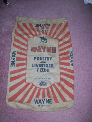 Vintage Wayne 100 Lbs.  Burlap Feed Sack Bag Poultry & Livestock Allied Mills