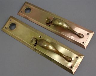 Set Of 2 Vintage Large Solid Brass Door Handles Thumb Latch & 14 " Backplates