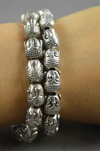 Collectable Handwork Miao Silver Carve Smile Buddha Head Exorcism Lucky Bracelet