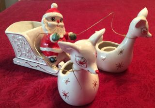 Vintage Holt Howard Santa Sleigh With Gold Starburst Reindeer Candle Holders