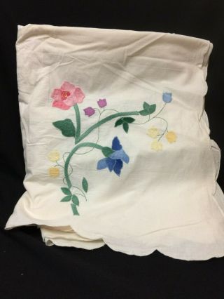 Vintage 66 " X 116 " Cream Cotton Floral Applique Banquet Table Cloth Or Bed Cover