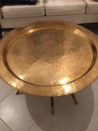 Large 36 " D.  Vintage Antique Middle Eastern Hammered Copper Tray W/ Table.