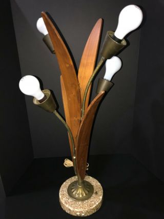 Vintage Danish Mid Century Teak Wood & Brass Tulip Table Lamp Eames Era Retro
