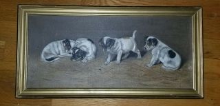 Vintage Old Antique Oil Painting 4 Black & White Puppies Dogs 19th Century 20x10