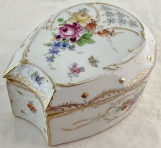 Antique Dresden Germany Trinket Box Hand Painted Flower Bouquet Gold
