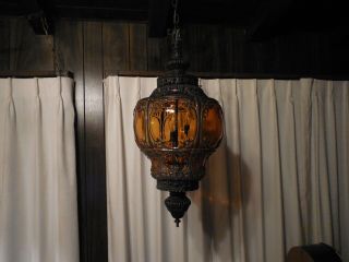Vintage Amber Glass Hanging Light Lamp Gothic Black Metal Long Chain Cord