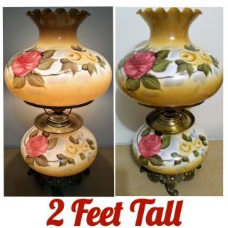 Large Vintage Gwtw Hurricane Parlor Lamp,  Hand Painted Glass,  3 Way Light Dome