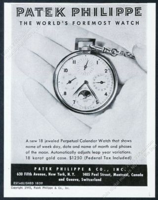 1945 Patek Philippe Moon Phase Perpetual Calendar Watch Photo Vintage Print Ad