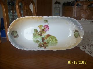 German Vtg Large Hydrangea Blossoms With Green Foliage Porcelain Celery Dish