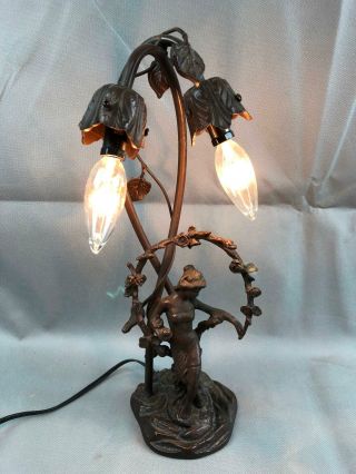 Vintage Faux Bronze Art Nouveau Floral Woman Figural Table Lamp