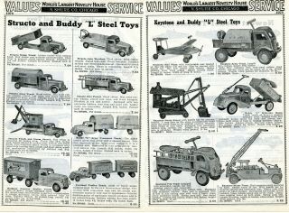 1940 2 Page Print Ad Of Structo,  Buddy L & Keystone Steel Toys Army Dump Trucks
