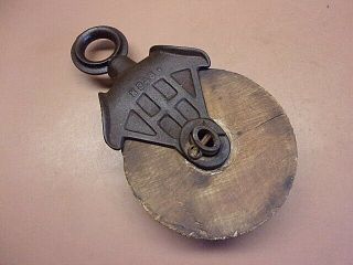 Vtg Cast Iron & Wood Barn Pulley Stamped H348 (a Myers Number) Collectible