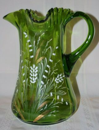 Antique Victorian Pitcher Vase Blown Glass Hand Painted Ruffles Green