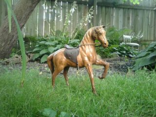 Leather Wooden Horse Antique Folk Art Glass Eyes Early Child Toy Equestrian Farm 2
