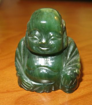 Vintage Dark Green Jade Carved Happy Buddha Statue Figure