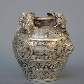 Collectable Miao Silver Carved Golden Toad & Dragon Exquisite Noble Storage Jar 2