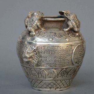 Collectable Miao Silver Carved Golden Toad & Dragon Exquisite Noble Storage Jar 3