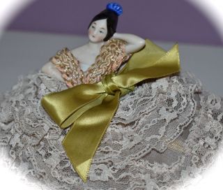 Stunning Antique Porcelain Half Doll Pin Cushion With 8 Tier Lace Dress Germany