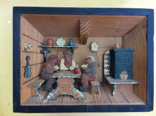 Vtg Set Of Two Wooden Folk Art 3d Shadow Box Diorama Kitchens Men Playing Cards