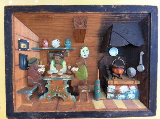VTG Set of TWO Wooden Folk Art 3D SHADOW BOX DIORAMA Kitchens Men playing cards 3