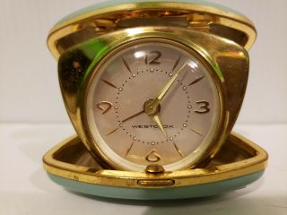 Vtg Westclox Small Travel Alarm Clock Leather Triangle Case Robin 