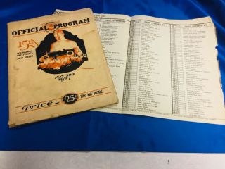 Indianapolis Indy 500 Vintage 1927 Official Program & Lap Prize Chart