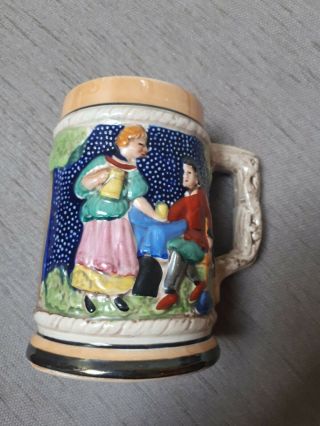 Vintage,  German Style Painted Ceramic Beer Stein Mug