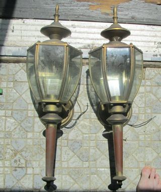 Pair Vintage Large Coach Lamps Brass With Curved & Beveled Glass 23 " Electric
