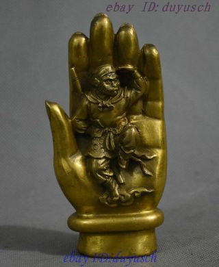 Chinese Buddhism Brass Sun Wukong Monkey King In Tathagata Buddha Hand Statue