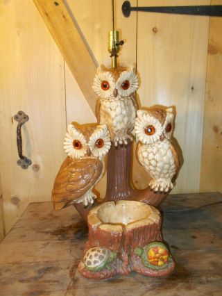 Vintage Mid - Century Ceramic Owl Trio Table Lamp,  Light,  Very Heavy Planter