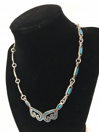 Vintage Taxco Mexico Sterling Silver 950 Onyx Turquoise Crushed Link Necklace